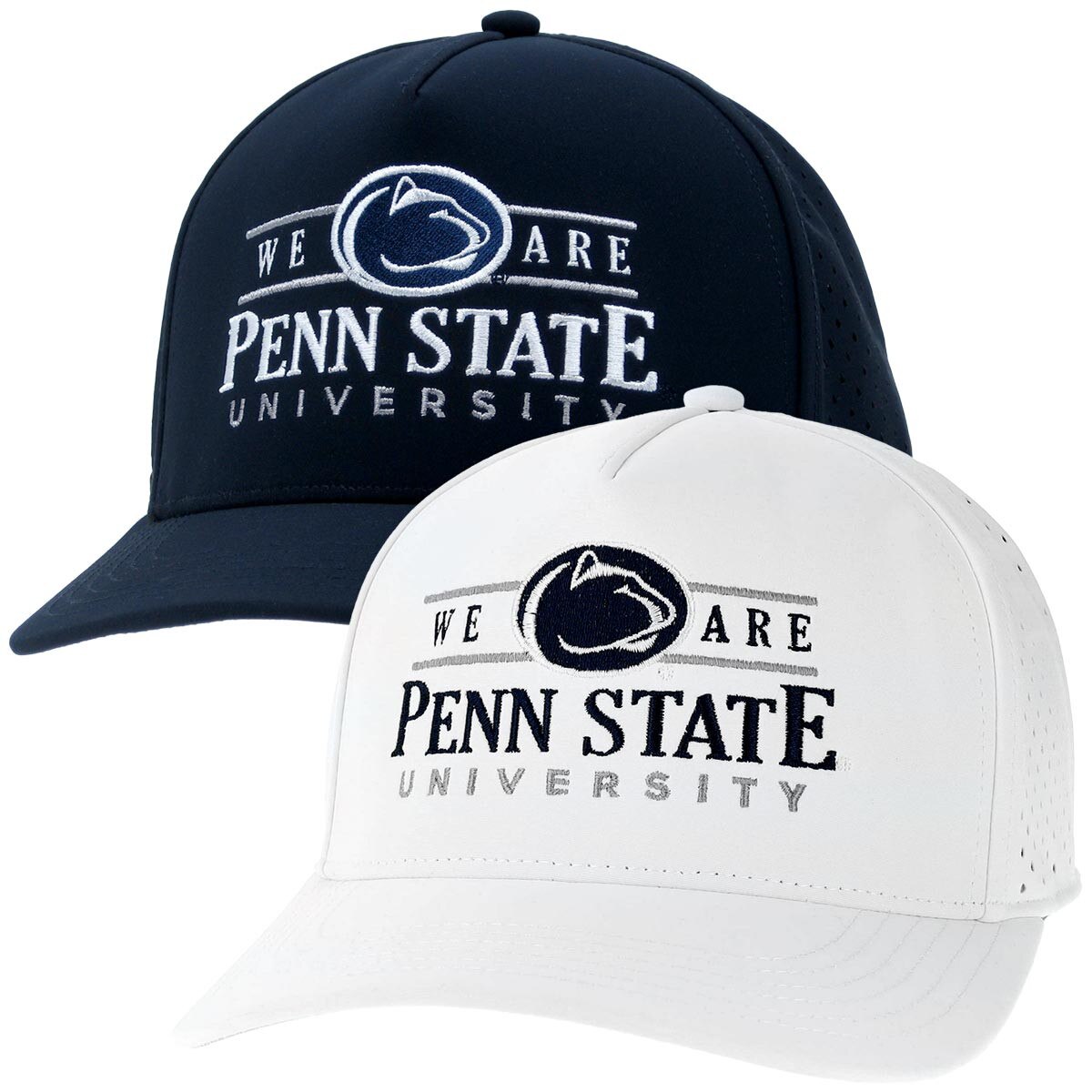 white and navy cut above hats with embroidered We Are Penn State University